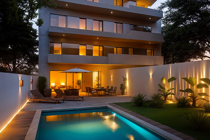 Esta vivienda Duplex incluye piscina privada vista de noche con iluminación